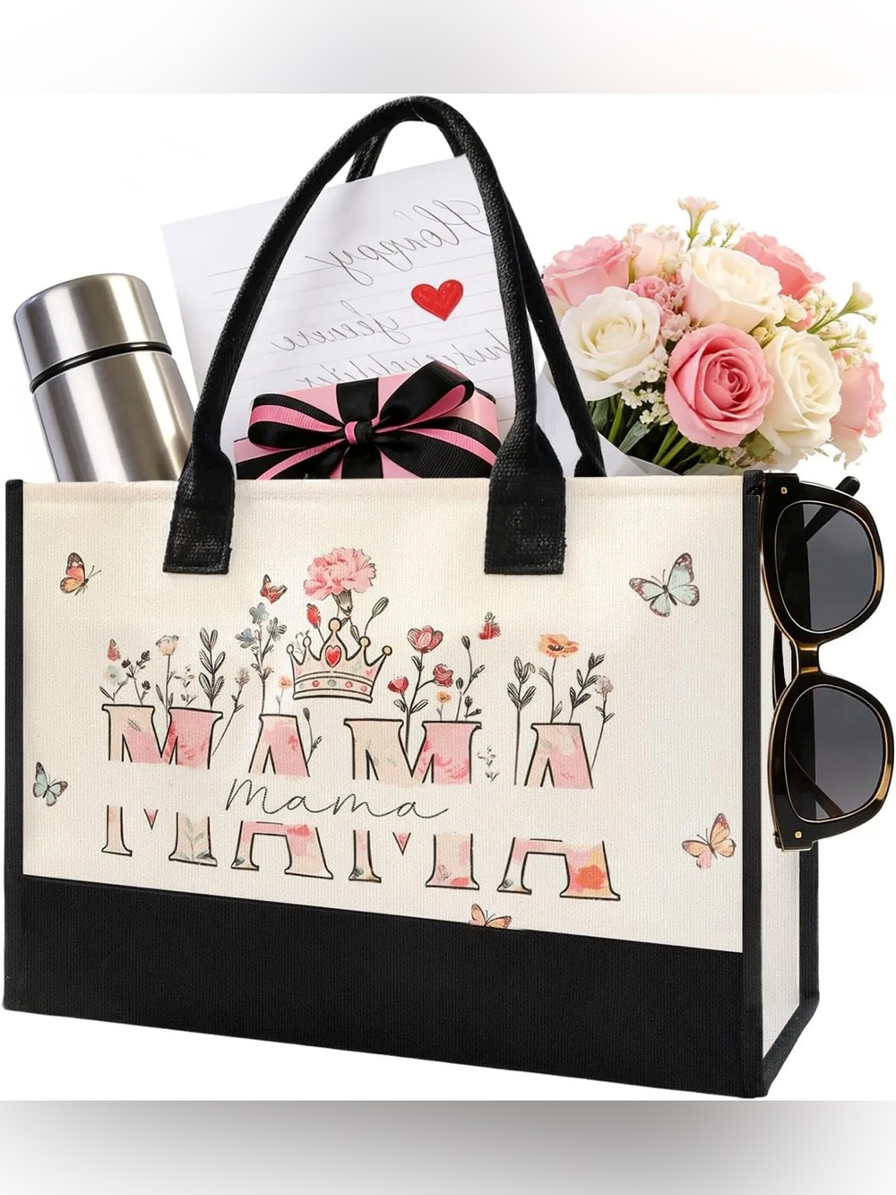 Amazon Canvas Tote Floral "Mama" Canvas Tote Bag - Pink & Black